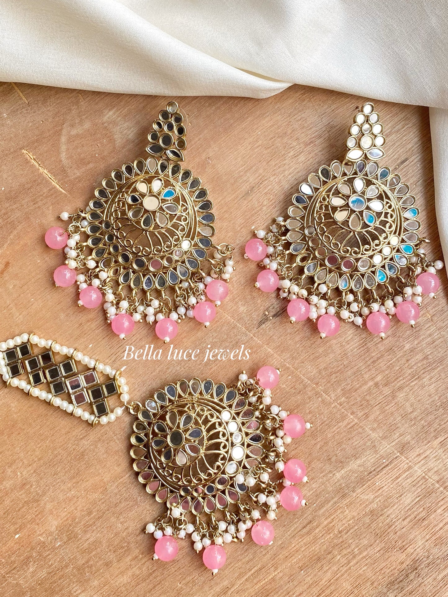 Pink Dhwani Mirror Earrings and maangtika set