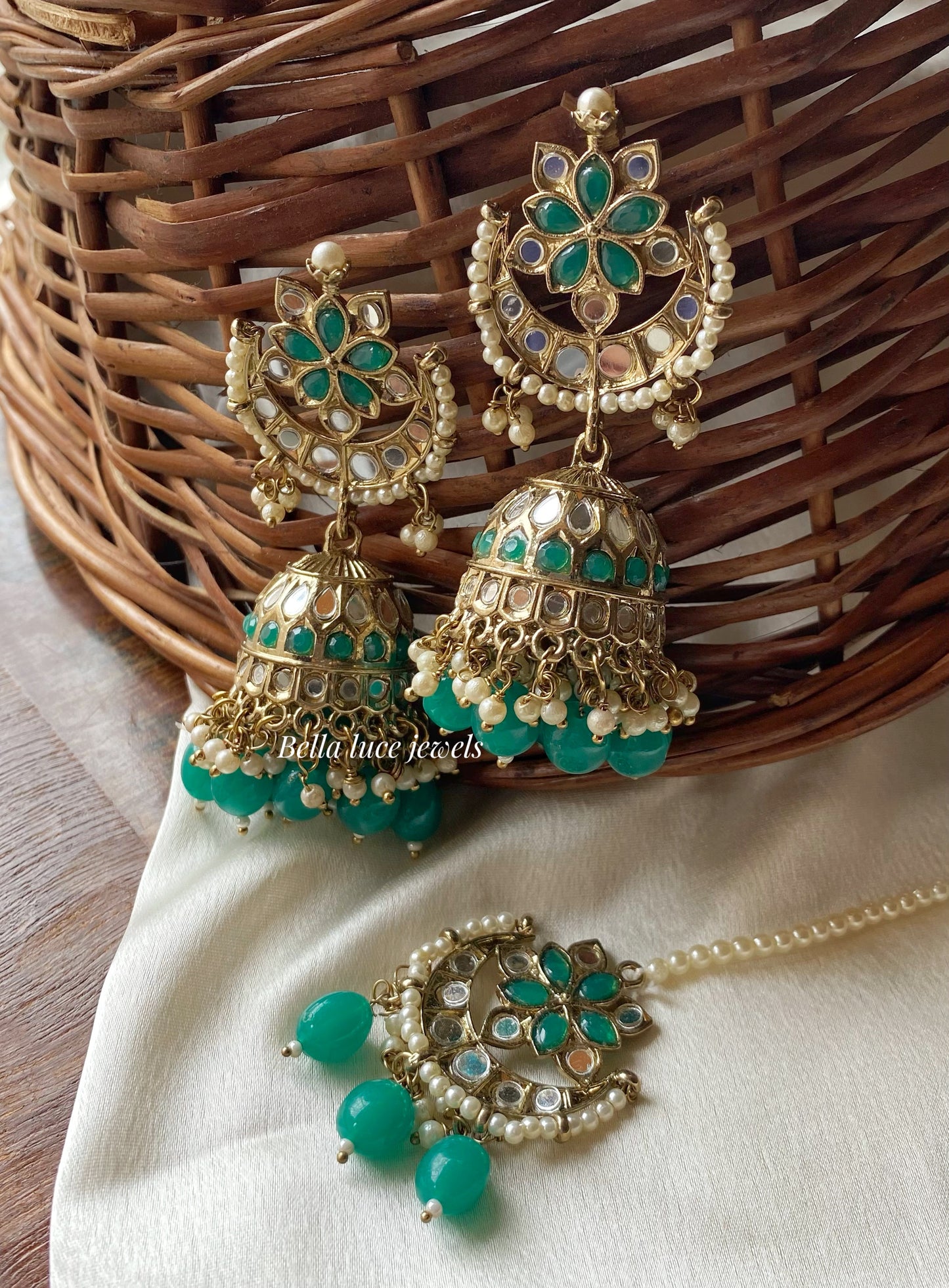 Green Geet Mirror Jhumka with Maangtikka