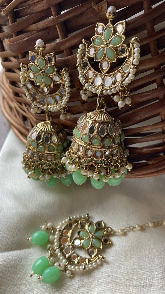 Mint Green Geet Mirror Jhumka with Maangtikka