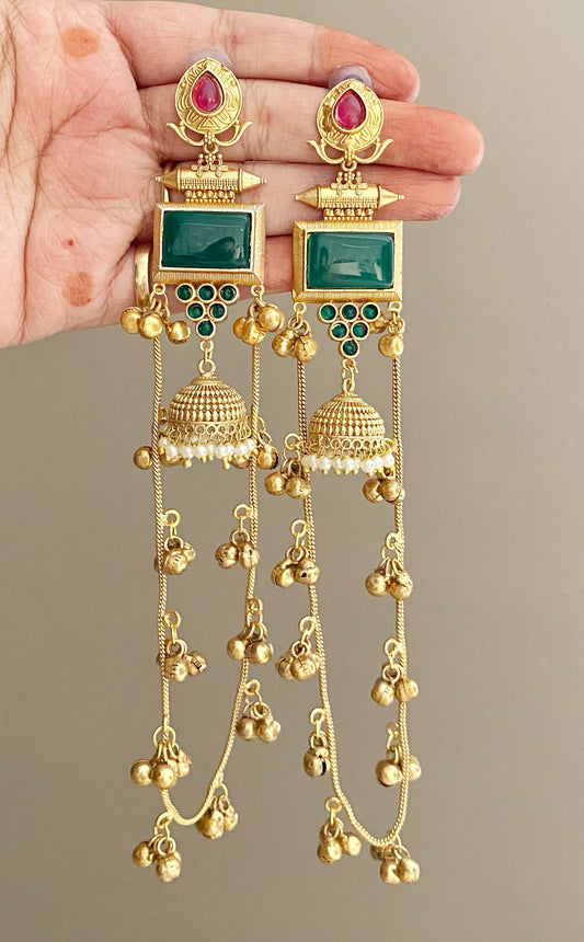 Pallavi Green Long kashmiri earrings