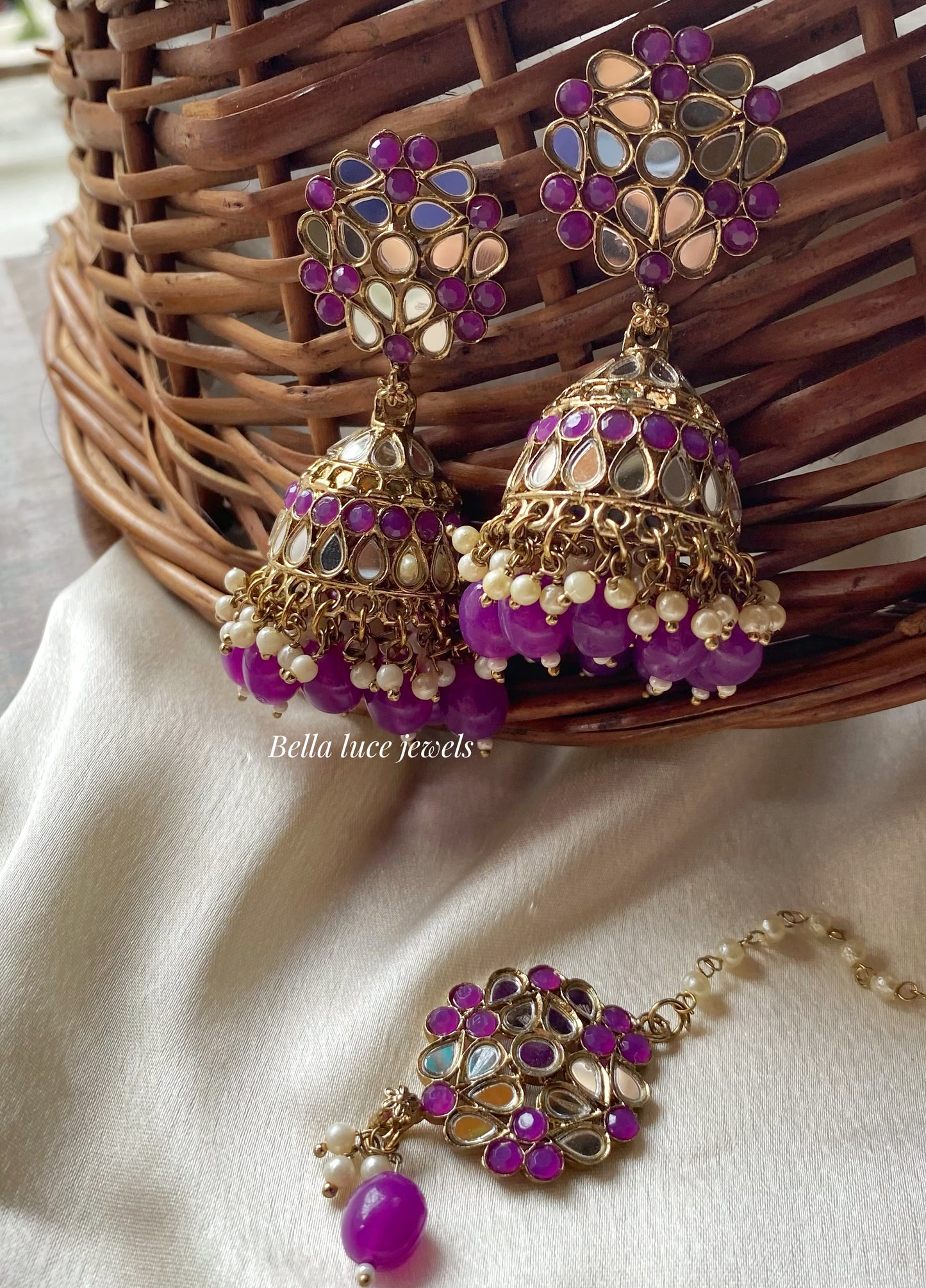 Purple Navjot Mirror Jhumka with Maangtikka
