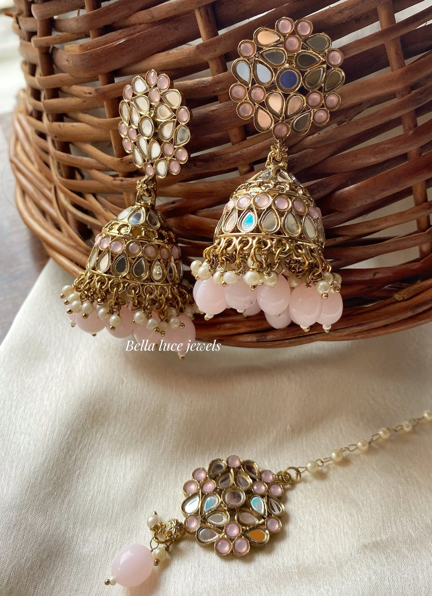 Pink Navjot Mirror Jhumka with Maangtikka