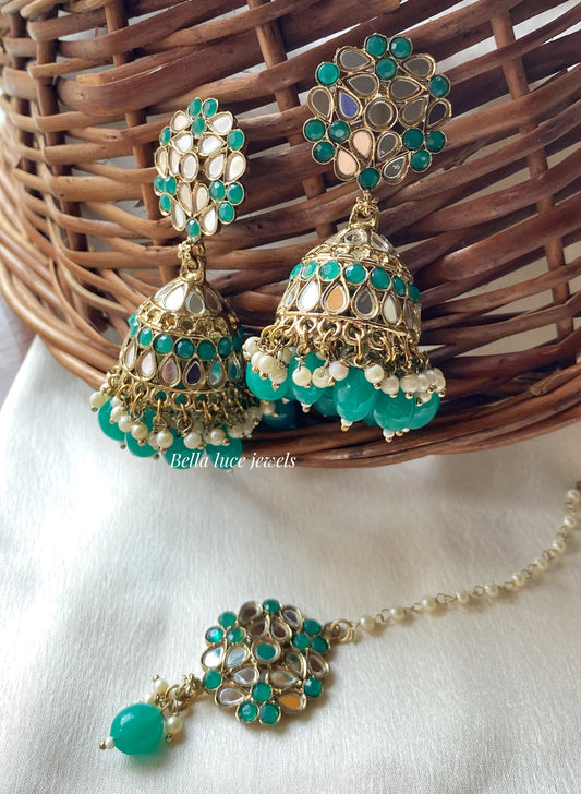 Green Navjot Mirror Jhumka with Maangtikka