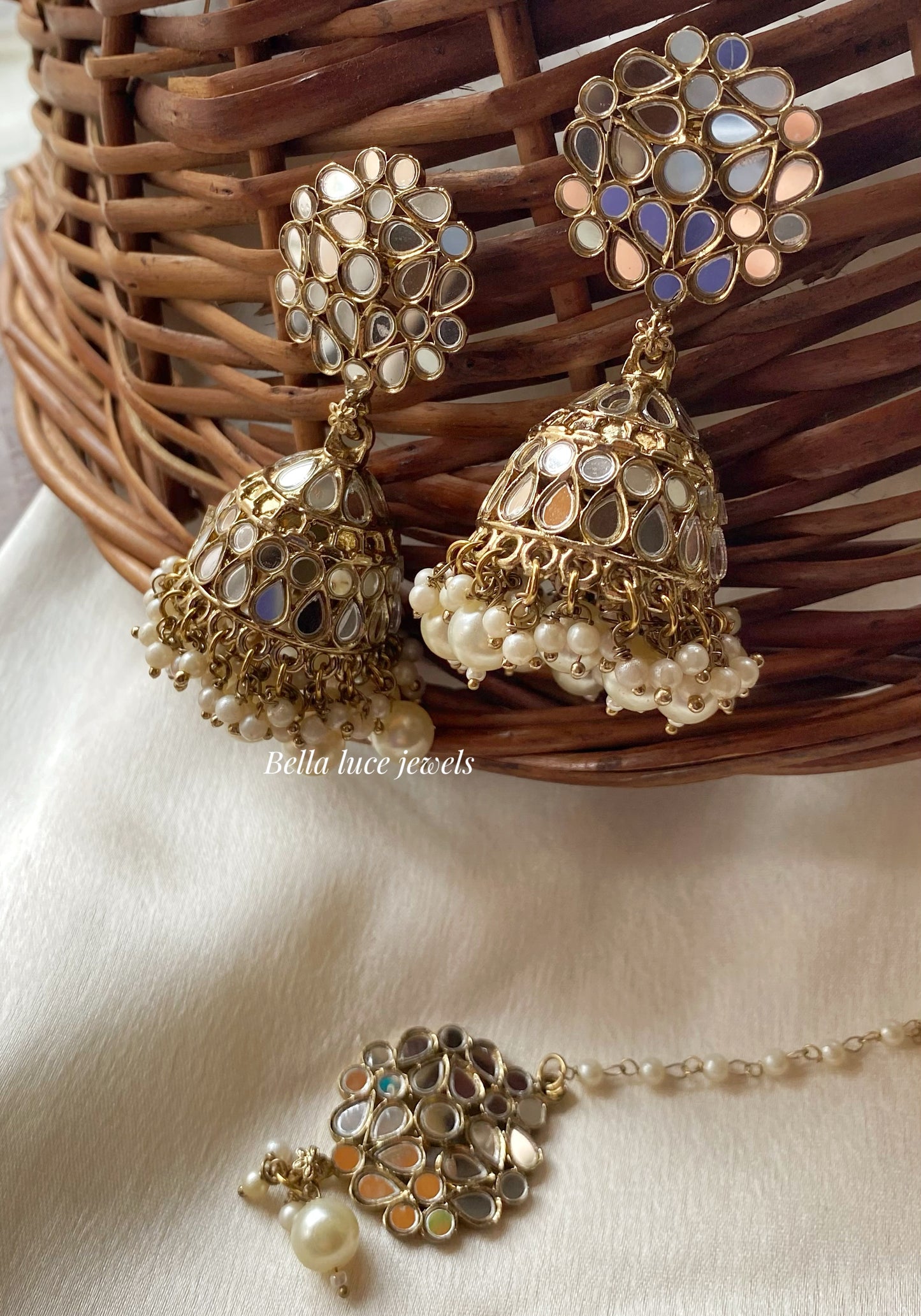 White Navjot Mirror Jhumka with Maangtikka