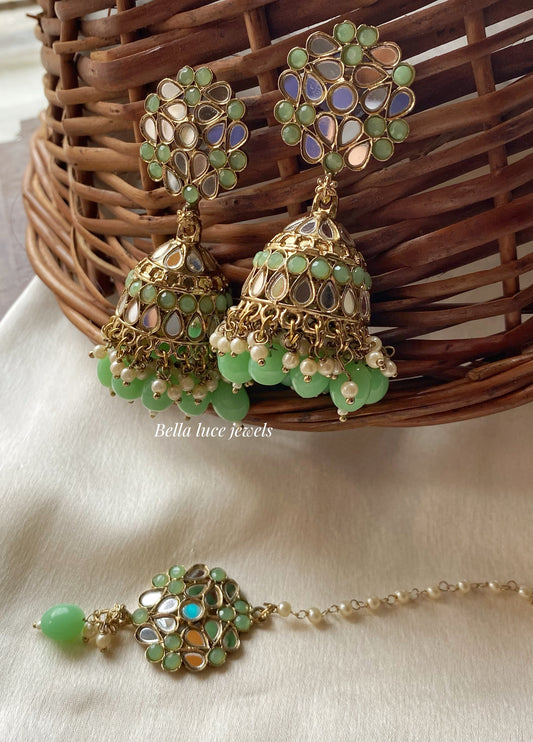 Mint Green Navjot Mirror Jhumka with Maangtikka