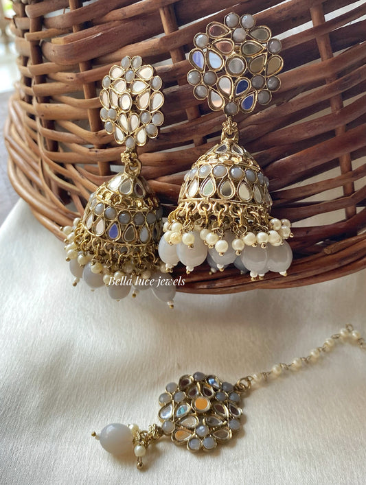 Grey Navjot Mirror Jhumka with Maangtikka