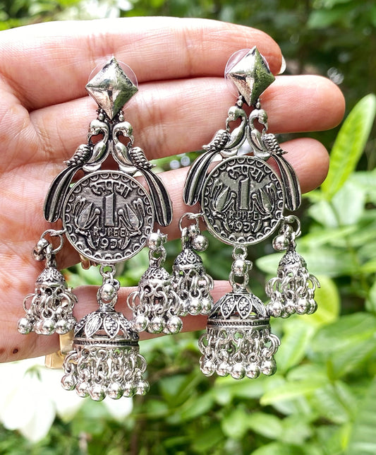 Oxidised coin style jhumka