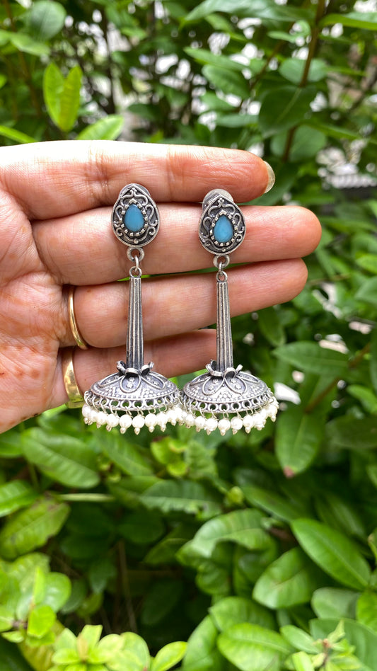 Turqoise silver oxidised jhumka