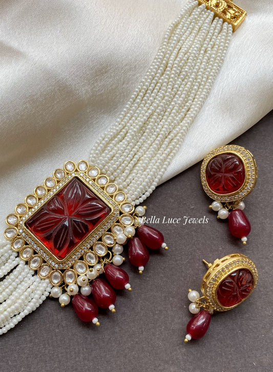 Red Anushka Choker Necklace Set