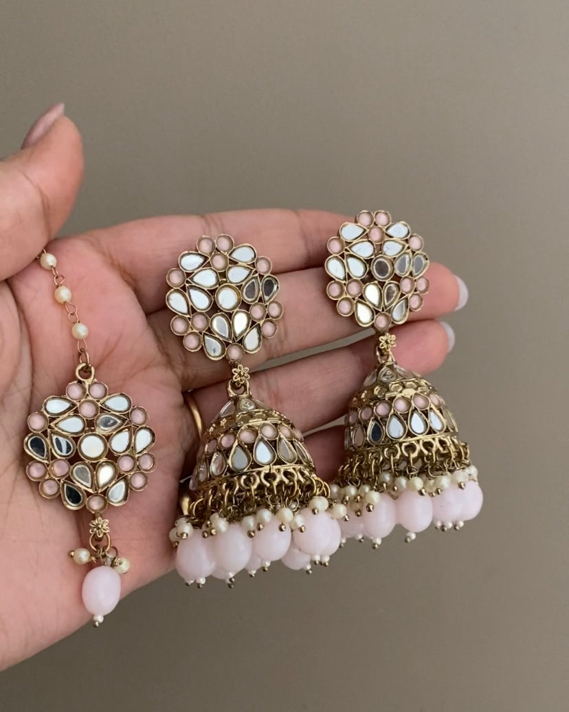 Pink Navjot Mirror Jhumka with Maangtikka
