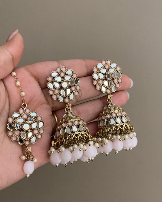 Pink Navjot Mirror Jhumka with Maangtikka