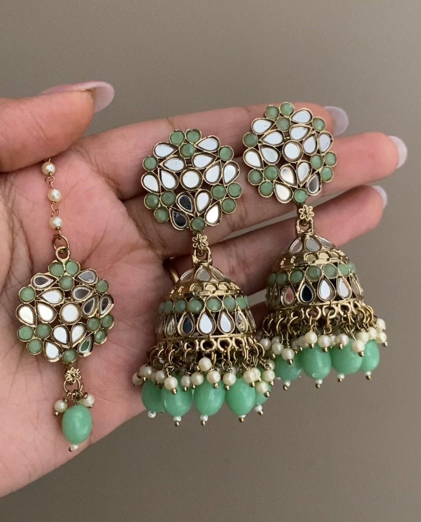 Mint Green Navjot Mirror Jhumka with Maangtikka