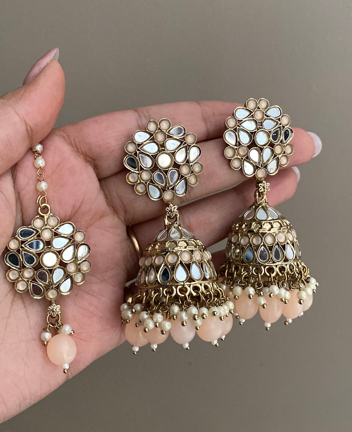 Peach Navjot Mirror Jhumka with Maangtikka