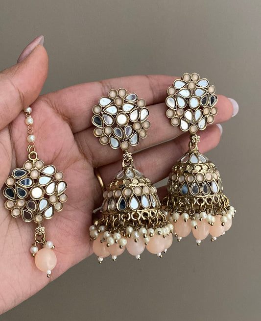Peach Navjot Mirror Jhumka with Maangtikka