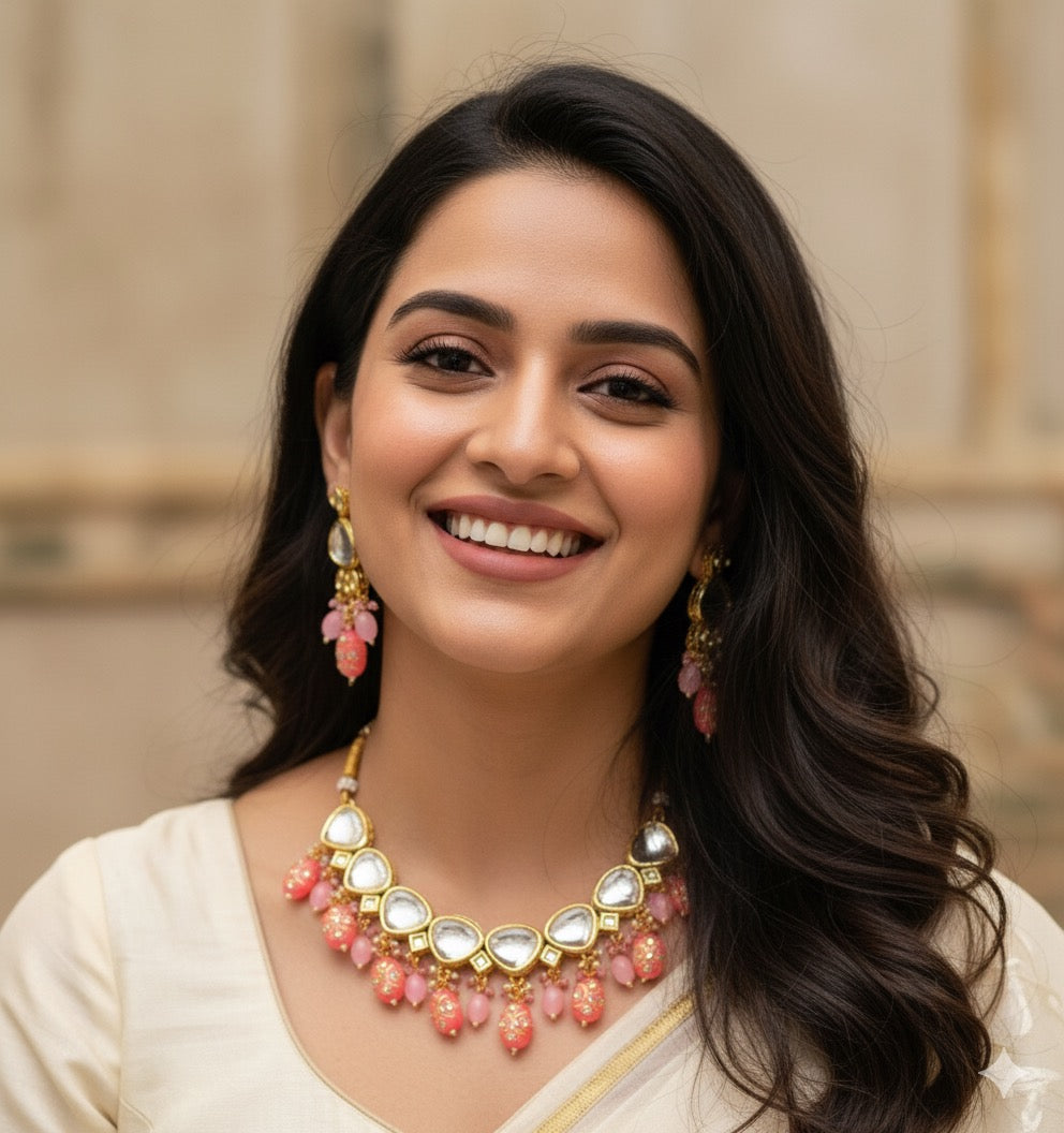 Nirvi kundan necklace set - Pink