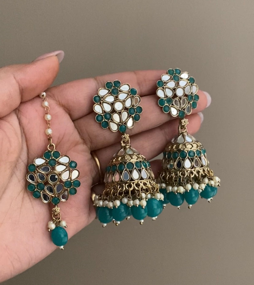 Green Navjot Mirror Jhumka with Maangtikka