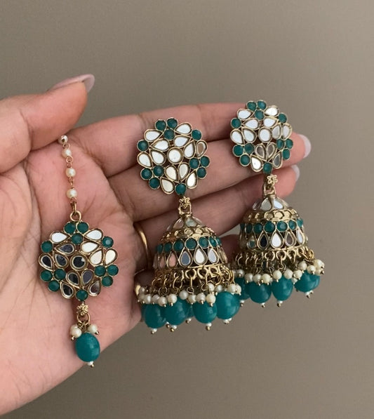 Green Navjot Mirror Jhumka with Maangtikka