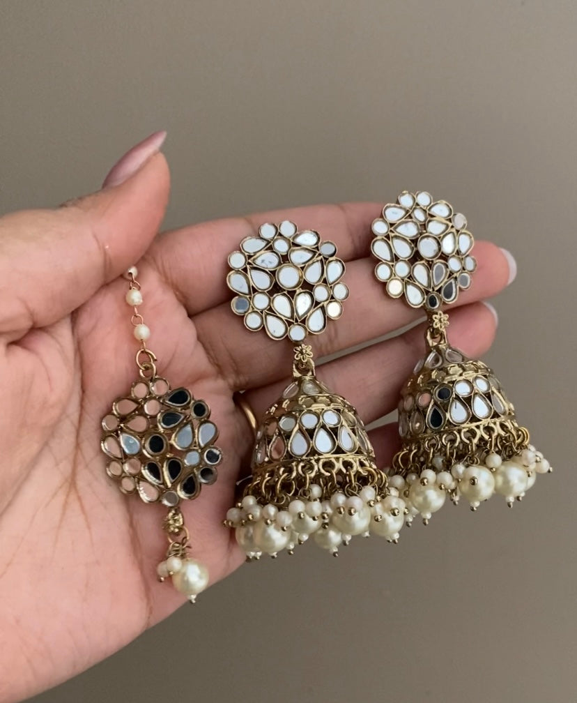 White Navjot Mirror Jhumka with Maangtikka