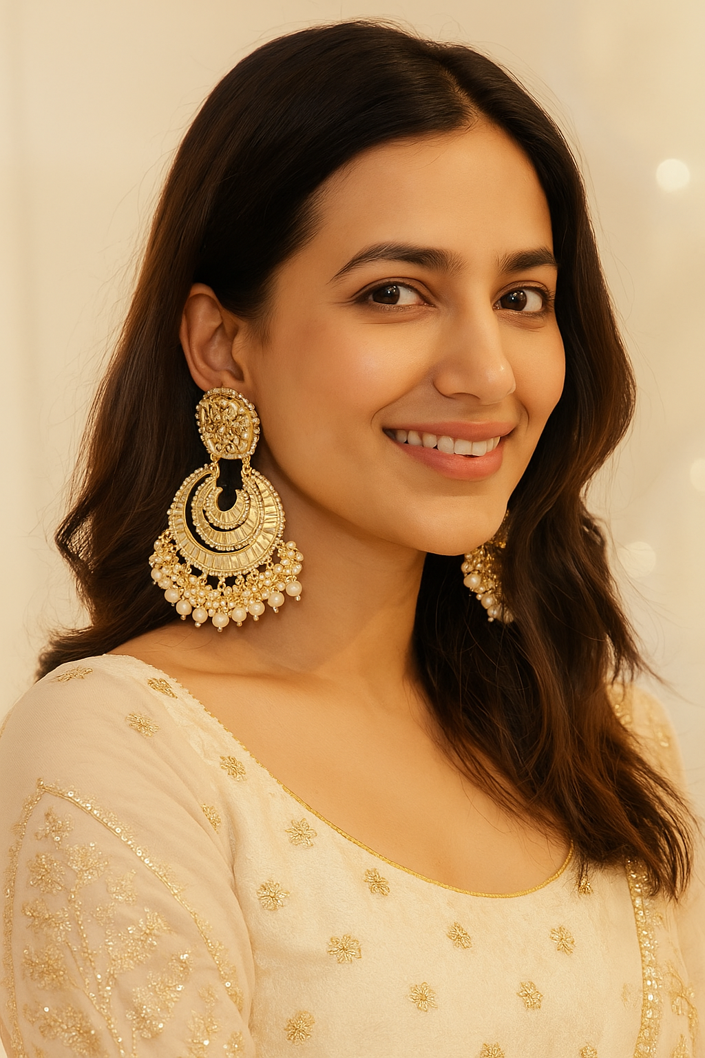 White Anamika Kundan Chandbali