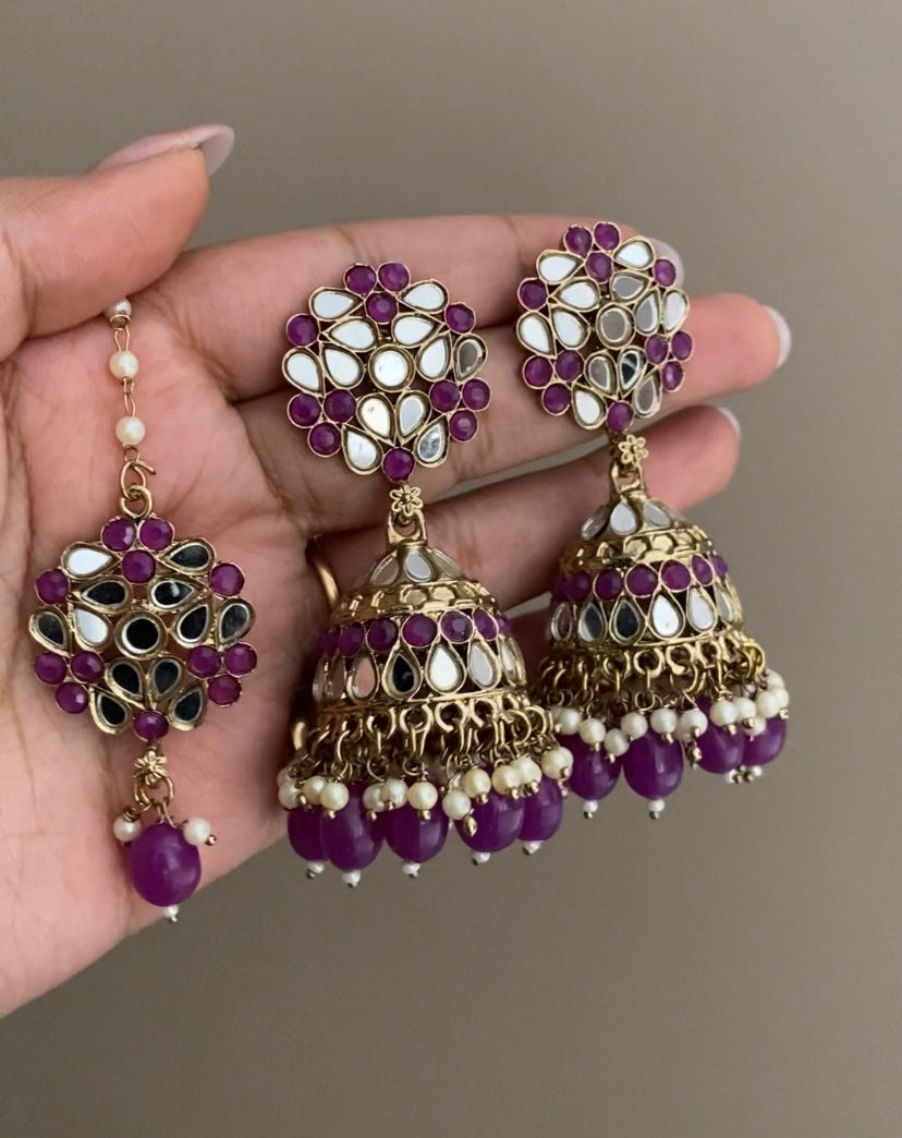 Purple Navjot Mirror Jhumka with Maangtikka