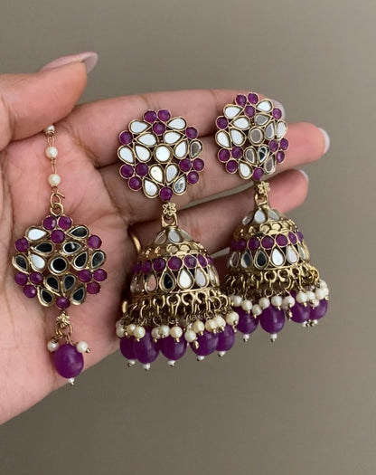 Purple Navjot Mirror Jhumka with Maangtikka