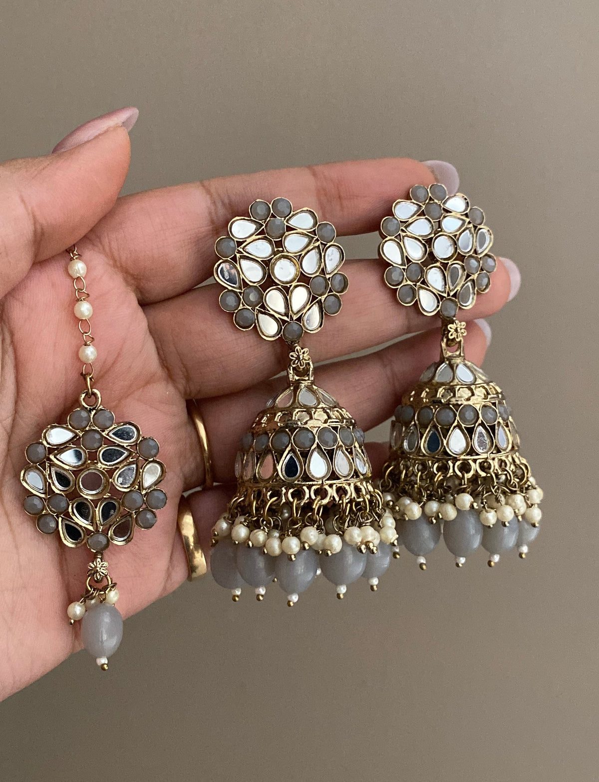 Grey Navjot Mirror Jhumka with Maangtikka