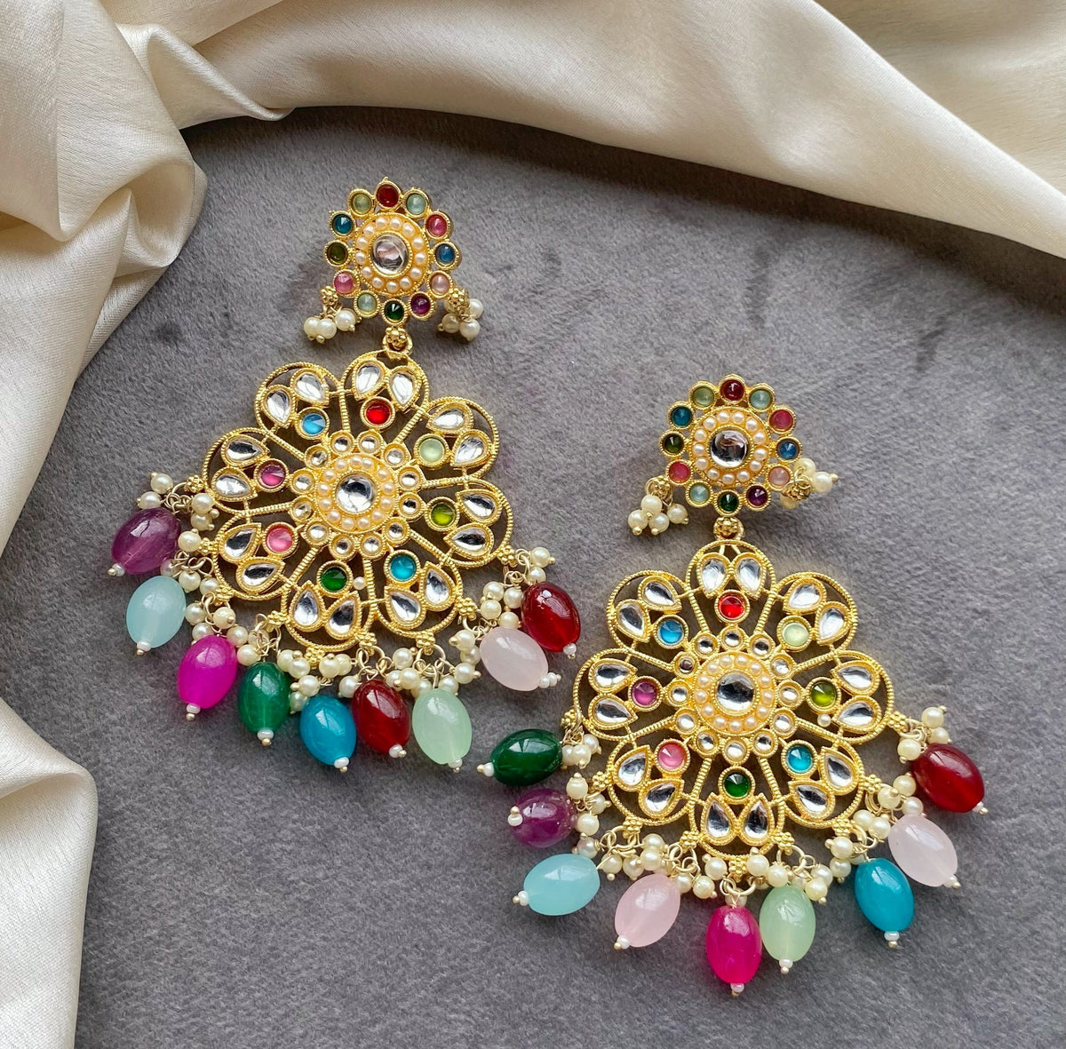 Multicolor Kanak kundan chandbali earrings