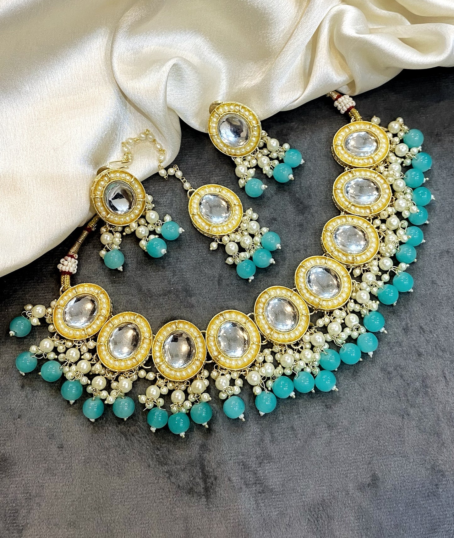 Aqua Blue Rea Kundan Choker Necklace Set (Copy)