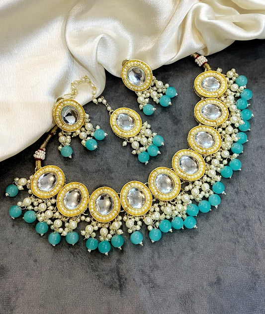 Aqua Blue Rea Kundan Choker Necklace Set (Copy)