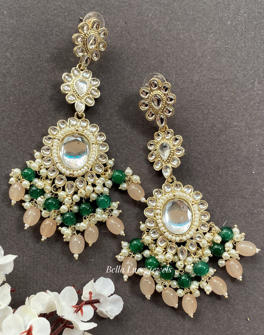 Sneha Kundan chandbali - Peach And Green