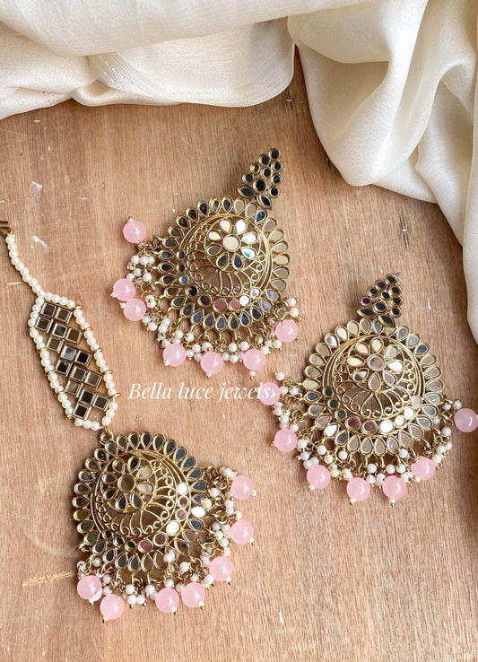 Baby pink Dhwani Mirror Earrings and maangtika set