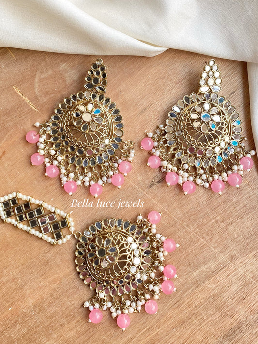 Pink Dhwani Mirror Earrings and maangtika set