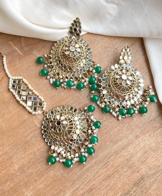 Green Dhwani Mirror Earrings and maangtika set