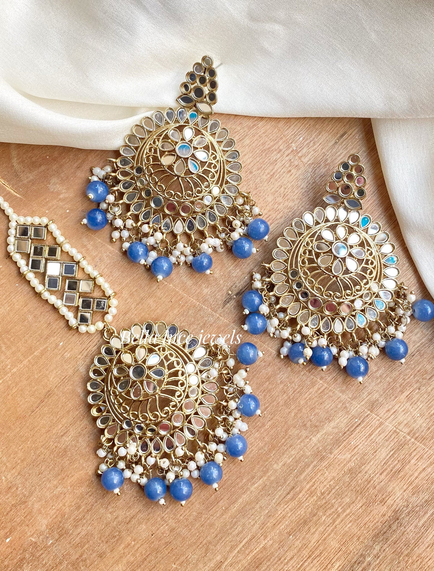 Blue Dhwani Mirror Earrings and maangtika set