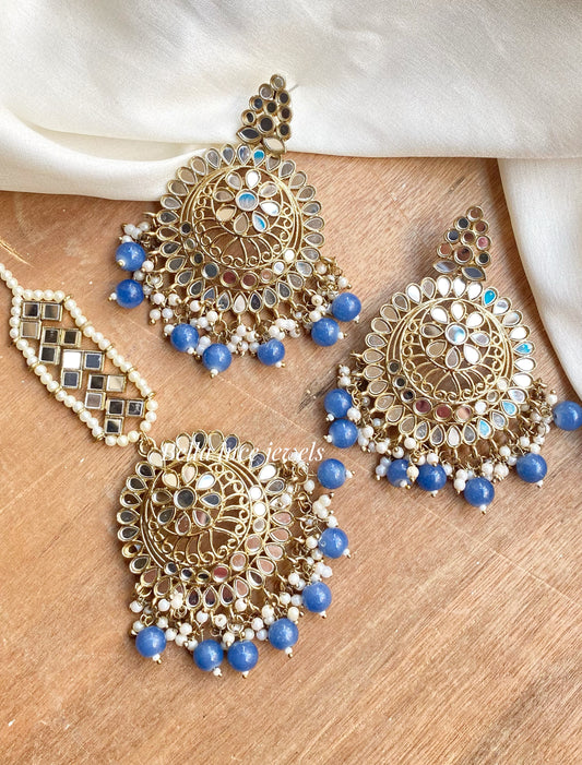 Blue Dhwani Mirror Earrings and maangtika set