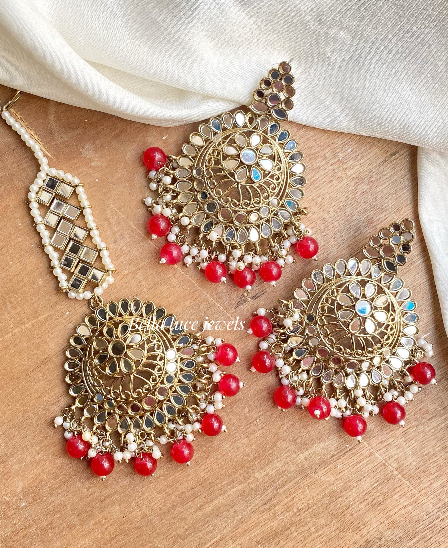 Red Dhwani Mirror Earrings and maangtika set