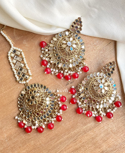 Red Dhwani Mirror Earrings and maangtika set