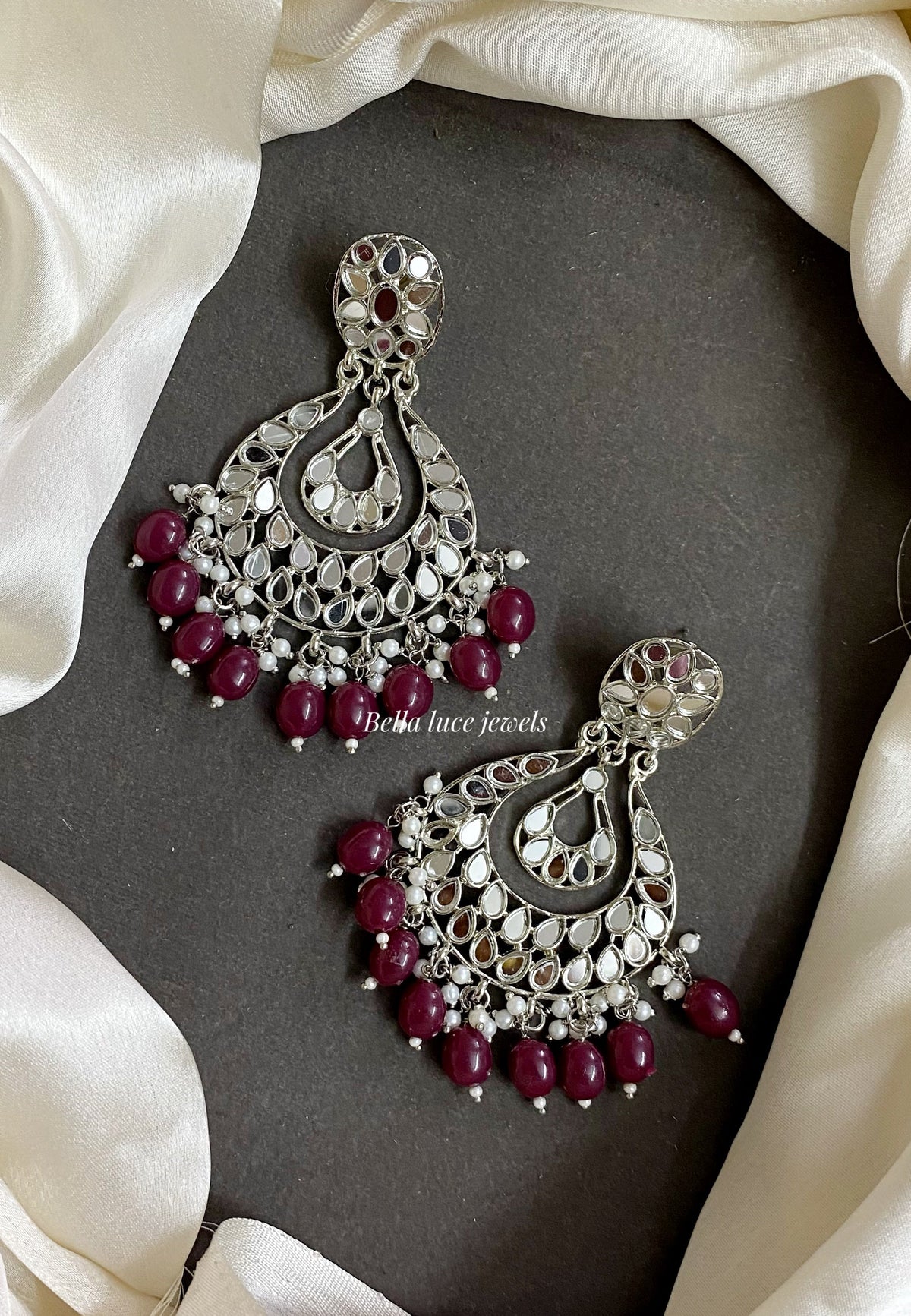 Maroon Atiya Silver Mirror Earrings
