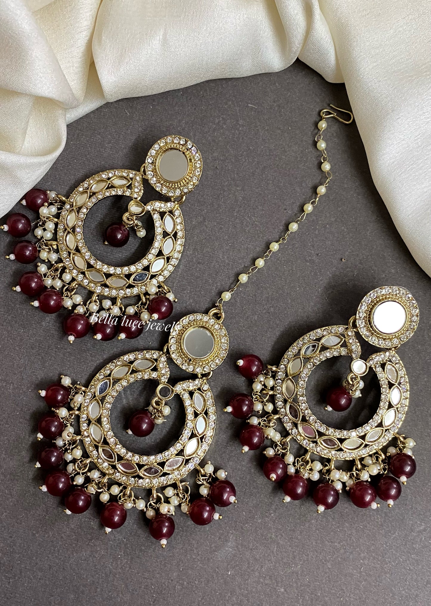 Maroon Muskan Mirror Earrings and Maangtikka set
