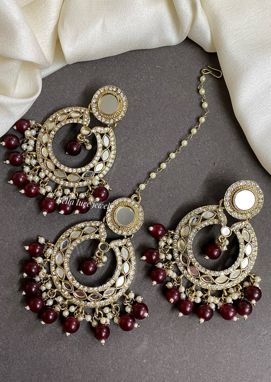 Maroon Muskan Mirror Earrings and Maangtikka set
