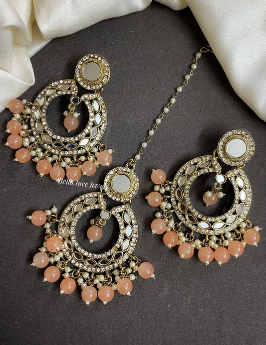 Peach  Muskan Mirror Earrings and Maangtikka set