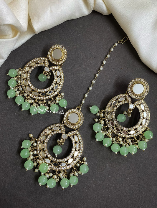 Mint Green  Muskan Mirror Earrings and Maangtikka set