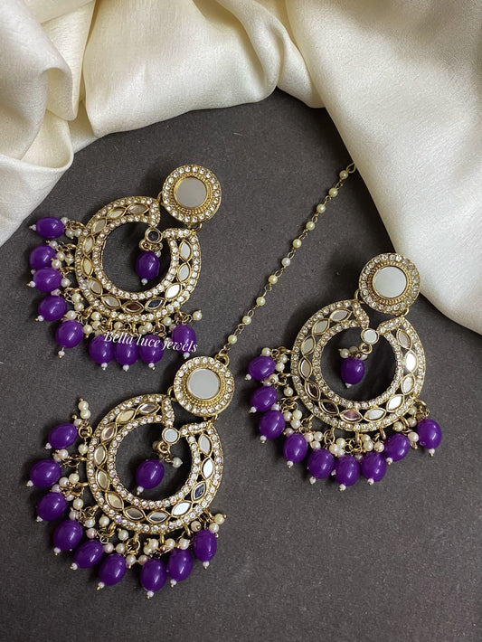 Violet Muskan Mirror Earrings and Maangtikka set
