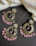 Baby Pink Muskan Mirror Earrings and Maangtikka set