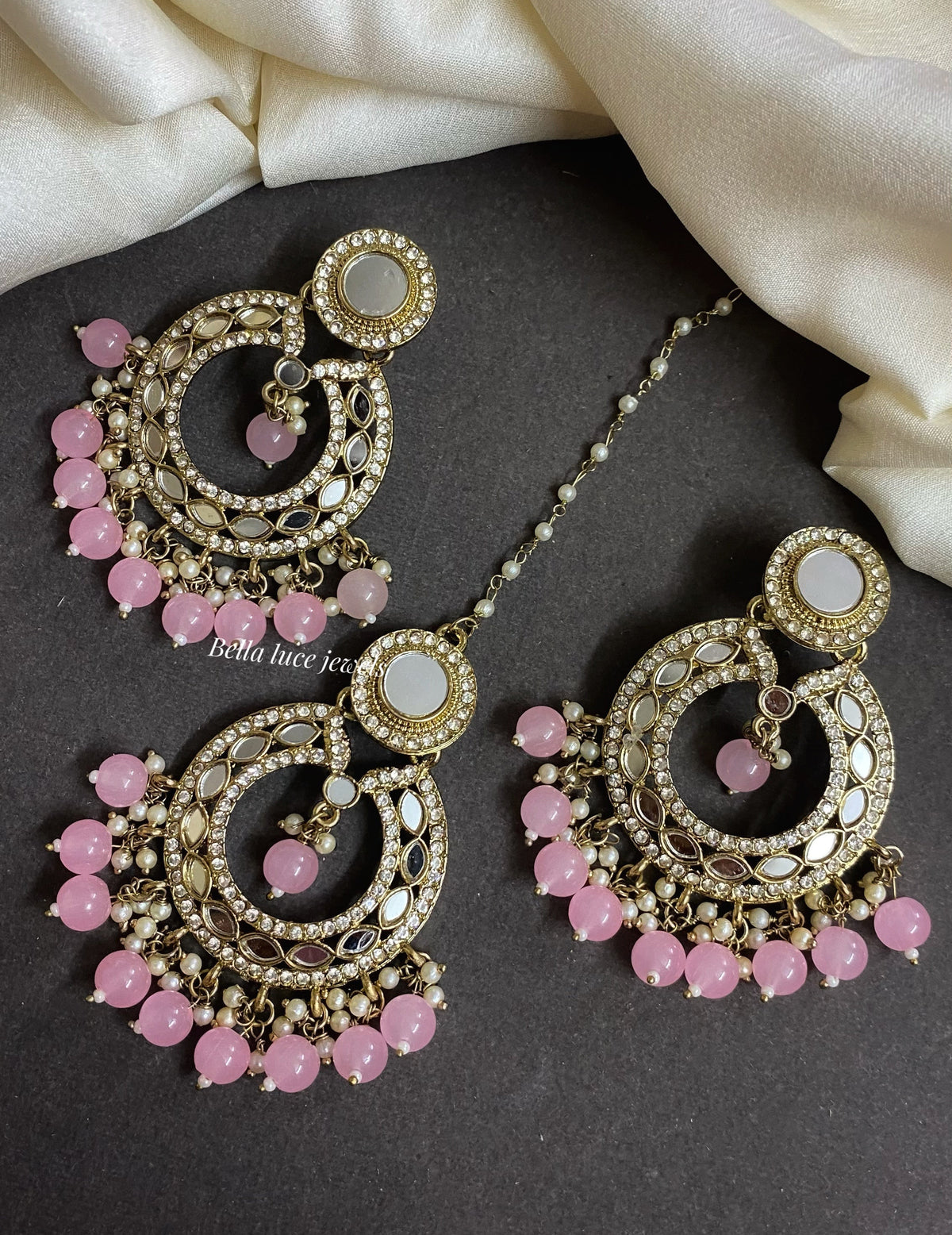 Baby Pink Muskan Mirror Earrings and Maangtikka set