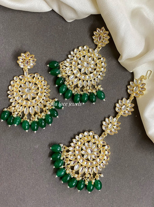 Green Heral Kundan Earrings and Maangtikka set