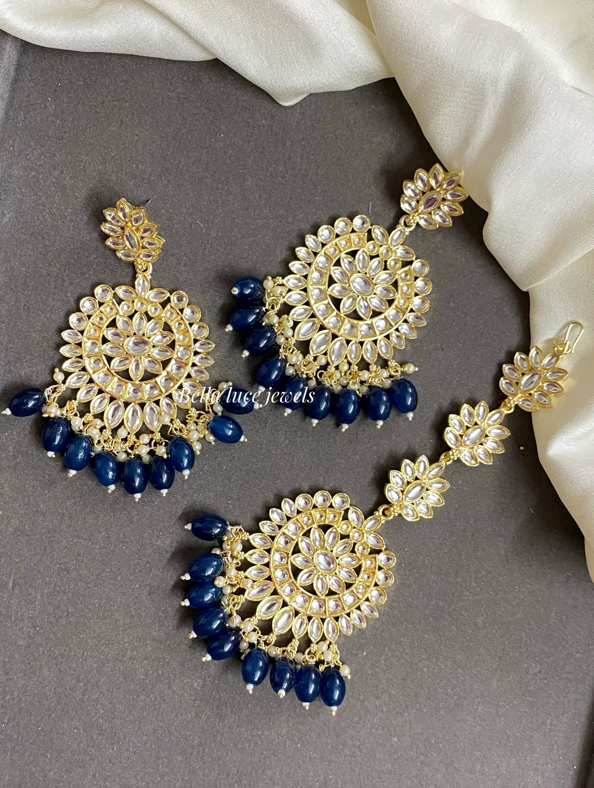 Navy blue Heral Kundan Earrings and Maangtikka set