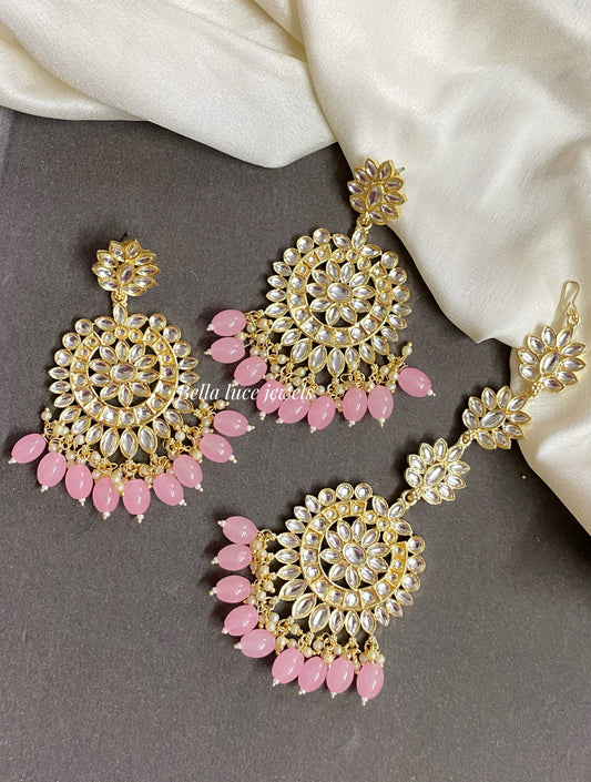 Baby Pink Heral Kundan Earrings and Maangtikka set