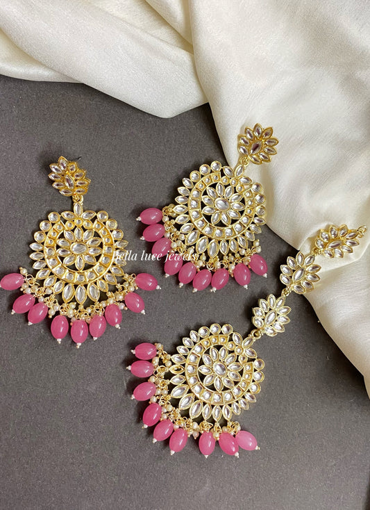 Pink Heer Kundan Jhumka with Maangtikka