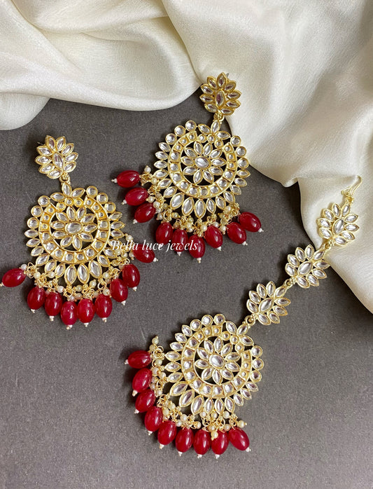 Red Heral Kundan Earrings and Maangtikka set